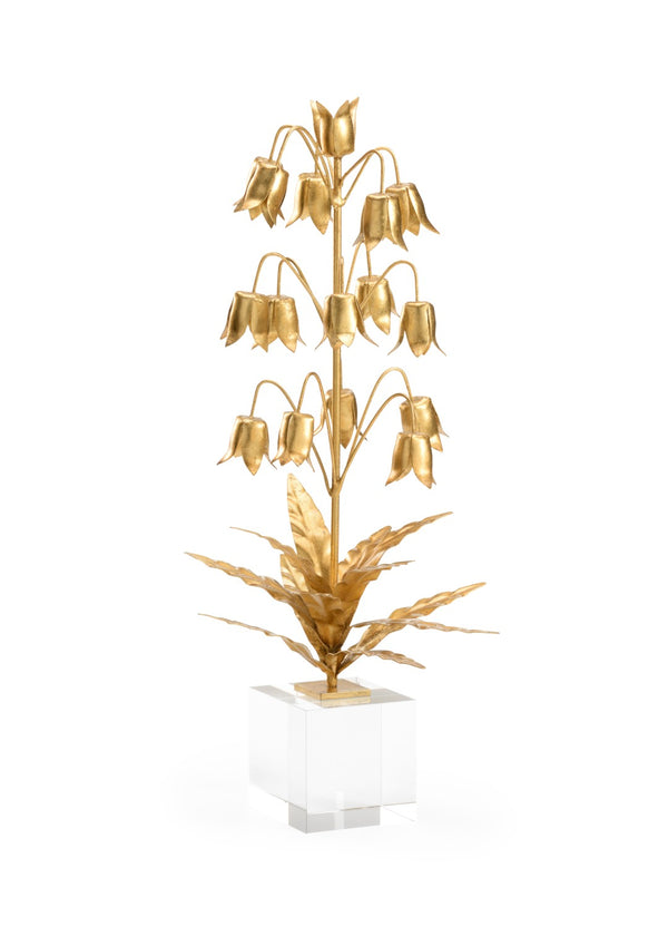 Chelsea House Lily Gold-Finished Metal Lily Of The Valley Sculpture On Crystal Base — 20" High Elegant Mantel Accent 385166