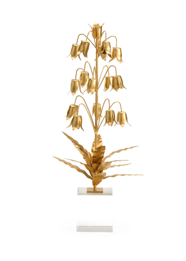 Chelsea House Lily Gold-Finished Metal Lily Of The Valley Sculpture On Crystal Base — 20" High Elegant Mantel Accent 385166