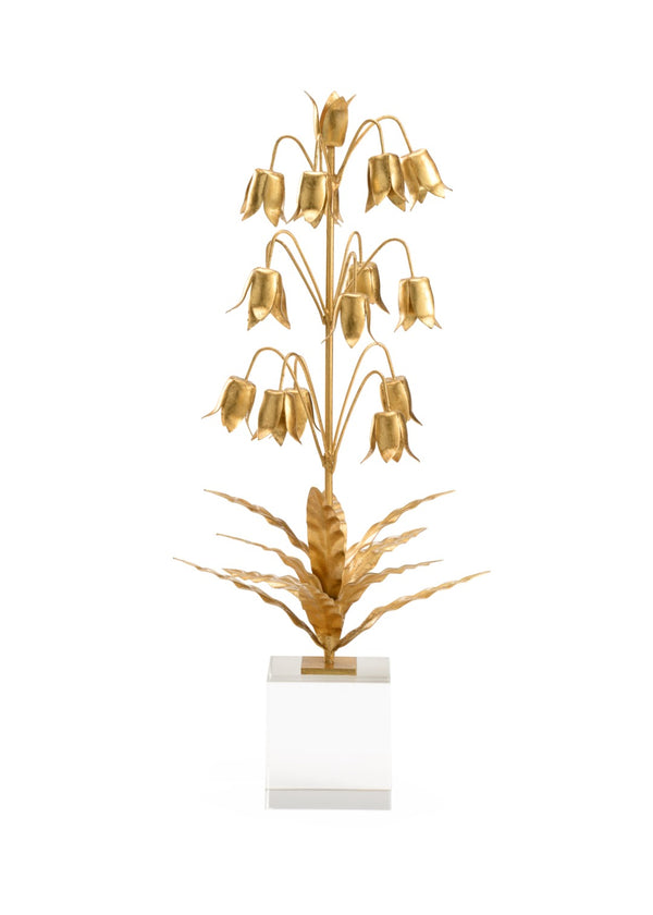 Chelsea House Lily Gold-Finished Metal Lily Of The Valley Sculpture On Crystal Base — 20" High Elegant Mantel Accent 385166
