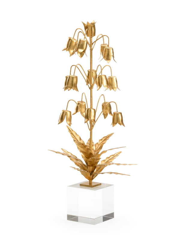 Chelsea House Lily Gold-Finished Metal Lily Of The Valley Sculpture On Crystal Base — 20" High Elegant Mantel Accent 385166