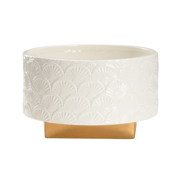 Chelsea House Deco Elegant Ceramic Cachepot With Art Deco Fan Motif, Glossy White Glaze And Subtle Gold Accents 385174