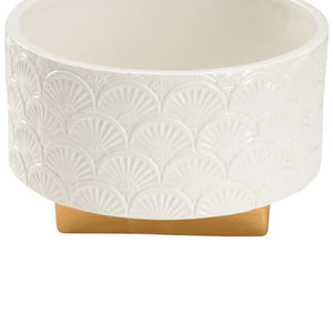 Chelsea House Deco Elegant Ceramic Cachepot With Art Deco Fan Motif, Glossy White Glaze And Subtle Gold Accents 385174