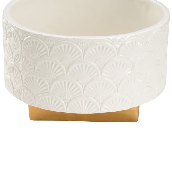 Chelsea House Deco Elegant Ceramic Cachepot With Art Deco Fan Motif, Glossy White Glaze And Subtle Gold Accents 385174