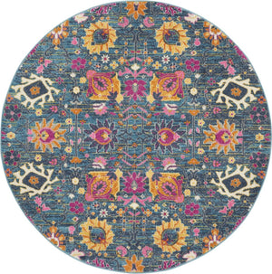 HomeRoots 5' Blue and Orange Floral Distressed Area Rug – Timeless Charm and Durability for Any Space! 5' Round 385177