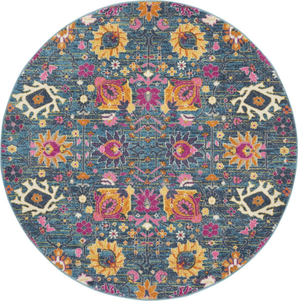HomeRoots 5' Blue and Orange Floral Distressed Area Rug – Timeless Charm and Durability for Any Space! 5' Round 385177