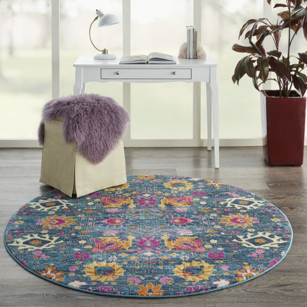Homeroots 5' Floral Distressed Round Rug In Blue And Orange - Durable, Stylish Accent For Your Home Décor 5' Round Polypropylene 385177