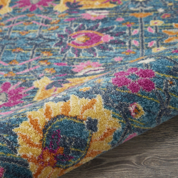 HomeRoots 5' Blue and Orange Floral Distressed Area Rug – Timeless Charm and Durability for Any Space! 5' Round 385177