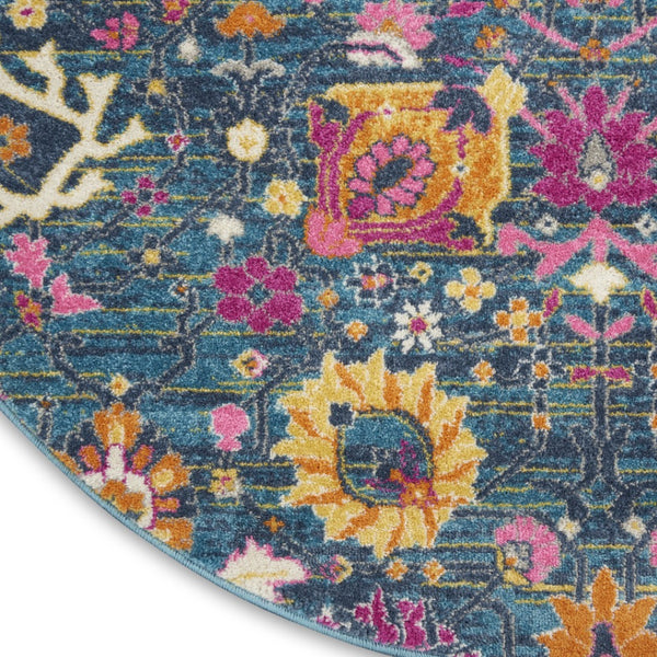 HomeRoots 5' Blue and Orange Floral Distressed Area Rug – Timeless Charm and Durability for Any Space! 5' Round 385177