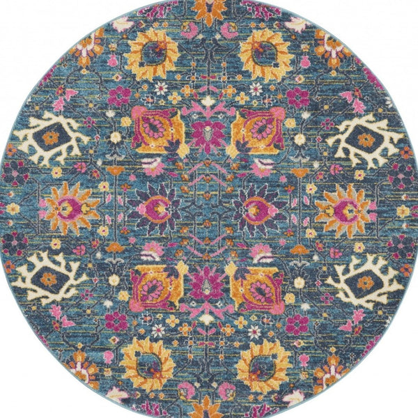 HomeRoots 5' Blue and Orange Floral Distressed Area Rug – Timeless Charm and Durability for Any Space! 5' Round 385177