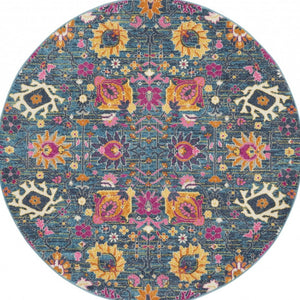 Homeroots 5' Floral Distressed Round Rug In Blue And Orange - Durable, Stylish Accent For Your Home Décor 5' Round Polypropylene 385177