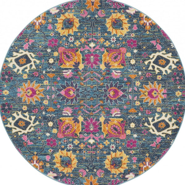 Homeroots 5' Floral Distressed Round Rug In Blue And Orange - Durable, Stylish Accent For Your Home Décor 5' Round Polypropylene 385177