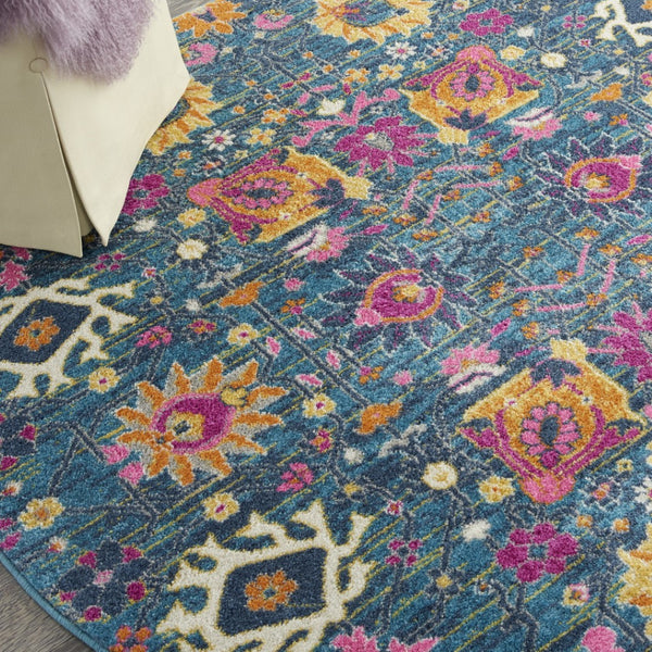 HomeRoots 5' Blue and Orange Floral Distressed Area Rug – Timeless Charm and Durability for Any Space! 5' Round 385177