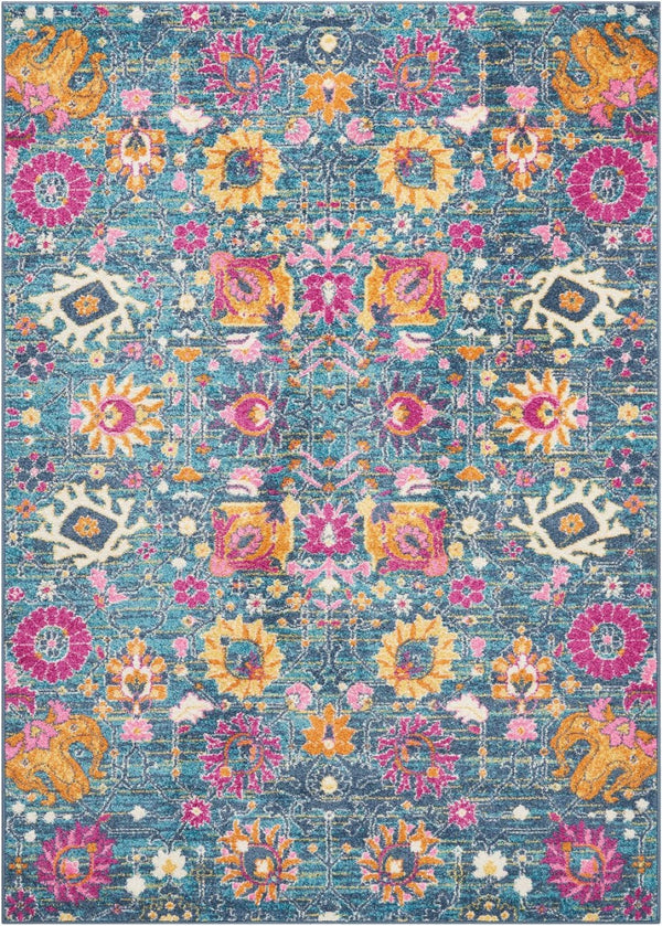 HomeRoots 5' Blue and Orange Floral Distressed Area Rug – Timeless Charm and Durability for Any Space! 7' x 10' 385179