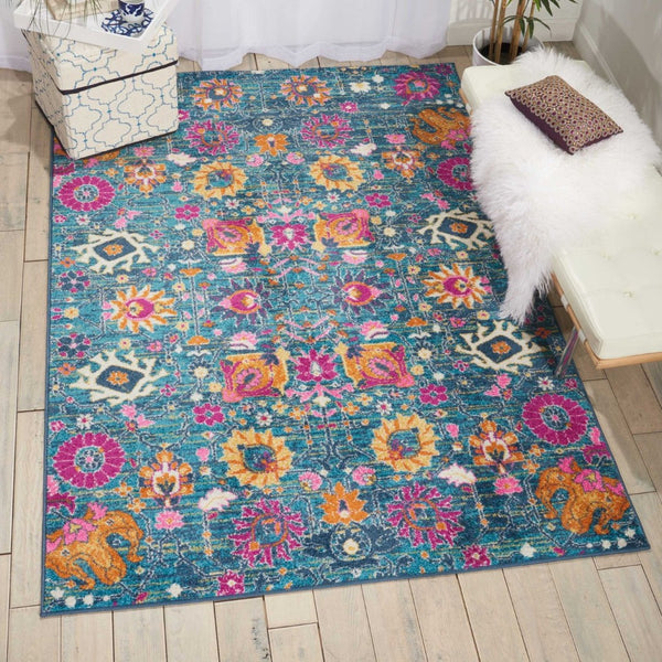 HomeRoots 5' Blue and Orange Floral Distressed Area Rug – Timeless Charm and Durability for Any Space! 7' x 10' 385179