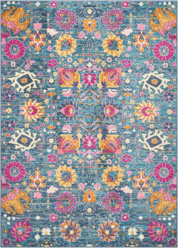 HomeRoots 5' Blue and Orange Floral Distressed Area Rug – Timeless Charm and Durability for Any Space! 7' x 10' 385179