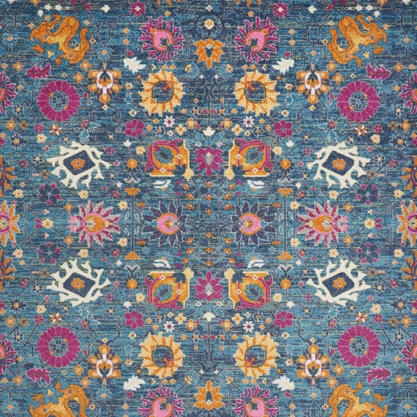 HomeRoots 5' Blue and Orange Floral Distressed Area Rug – Timeless Charm and Durability for Any Space! 8' x 10' 385182