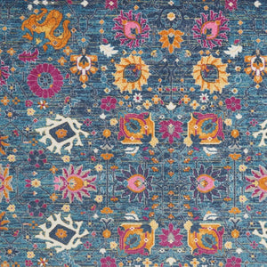 HomeRoots 5' Blue and Orange Floral Distressed Area Rug – Timeless Charm and Durability for Any Space! 8' x 10' 385182