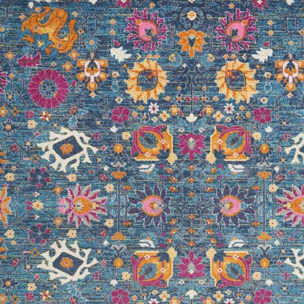 HomeRoots 5' Blue and Orange Floral Distressed Area Rug – Timeless Charm and Durability for Any Space! 8' x 10' 385182