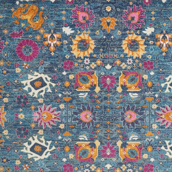 HomeRoots 5' Blue and Orange Floral Distressed Area Rug – Timeless Charm and Durability for Any Space! 8' x 10' 385182