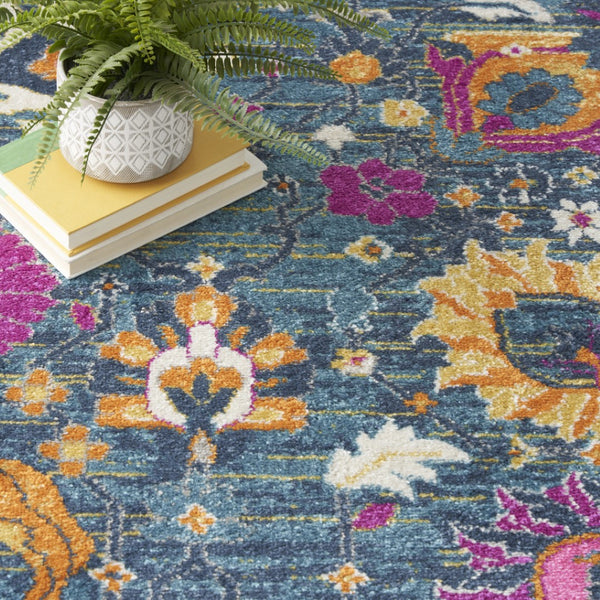 HomeRoots 5' Blue and Orange Floral Distressed Area Rug – Timeless Charm and Durability for Any Space! 8' x 10' 385182