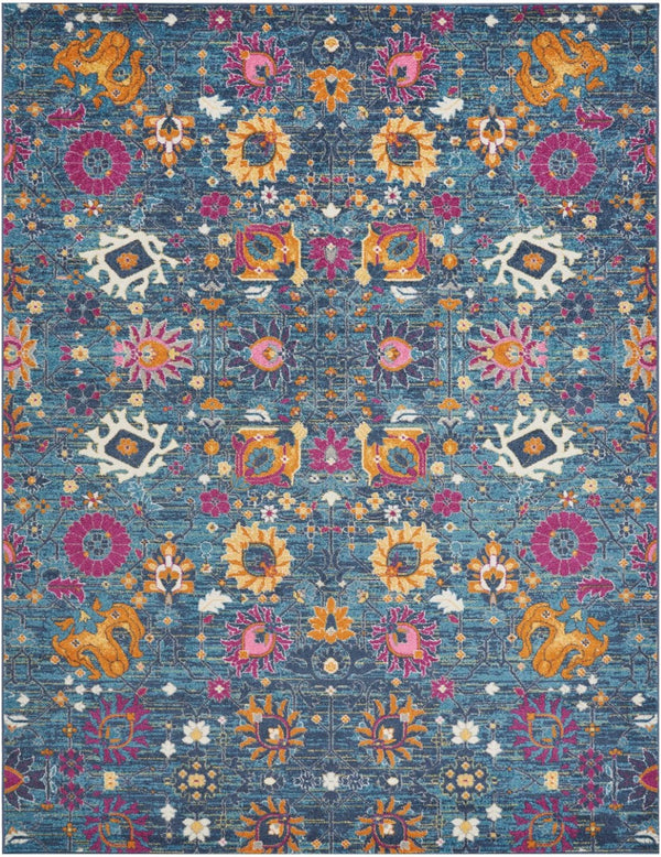 HomeRoots 5' Blue and Orange Floral Distressed Area Rug – Timeless Charm and Durability for Any Space! 8' x 10' 385182