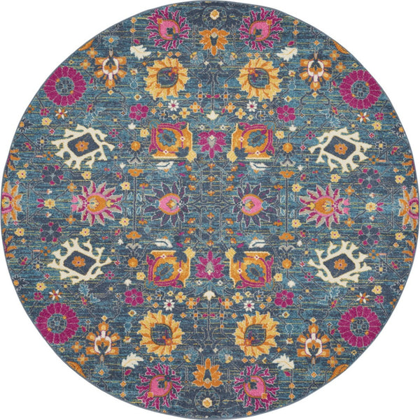HomeRoots 5' Blue and Orange Floral Distressed Area Rug – Timeless Charm and Durability for Any Space! 8' Round 385183