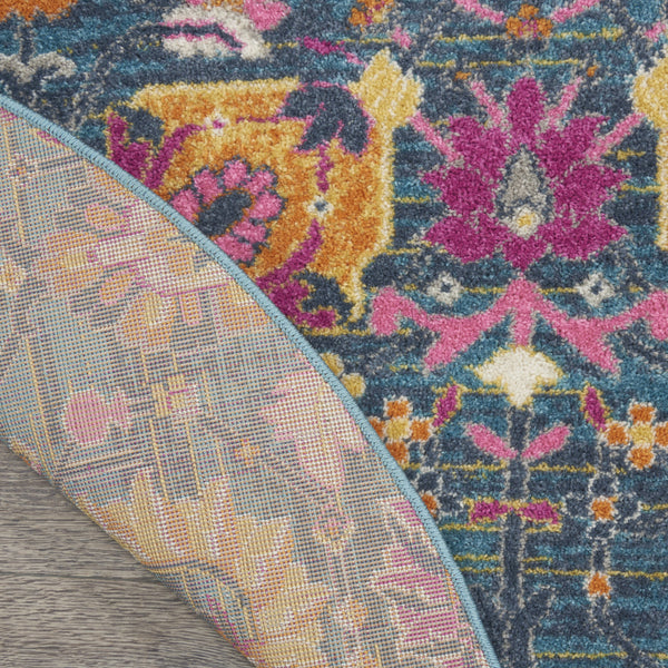 Homeroots 5' Floral Distressed Round Rug In Blue And Orange - Durable, Stylish Accent For Your Home Décor 8' Round Polypropylene 385183