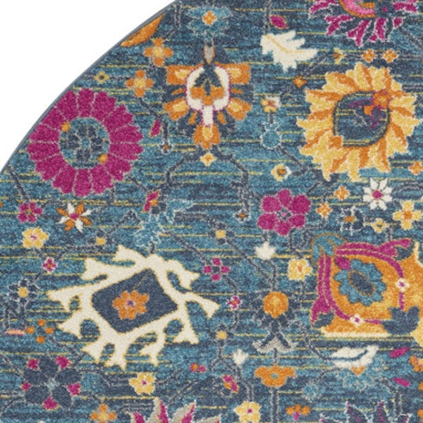 HomeRoots 5' Blue and Orange Floral Distressed Area Rug – Timeless Charm and Durability for Any Space! 8' Round 385183