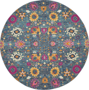HomeRoots 5' Blue and Orange Floral Distressed Area Rug – Timeless Charm and Durability for Any Space! 8' Round 385183