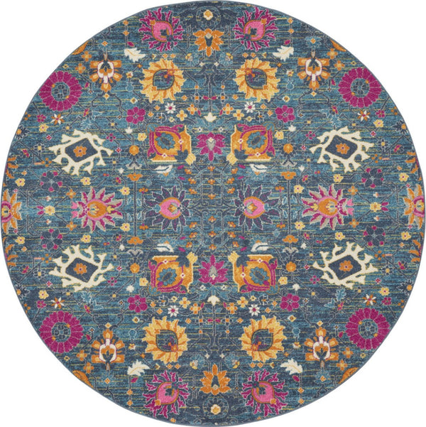 HomeRoots 5' Blue and Orange Floral Distressed Area Rug – Timeless Charm and Durability for Any Space! 8' Round 385183