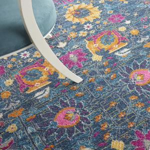 Homeroots 5' Floral Distressed Round Rug In Blue And Orange - Durable, Stylish Accent For Your Home Décor 8' Round Polypropylene 385183