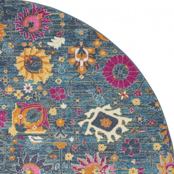 Homeroots 5' Floral Distressed Round Rug In Blue And Orange - Durable, Stylish Accent For Your Home Décor 8' Round Polypropylene 385183