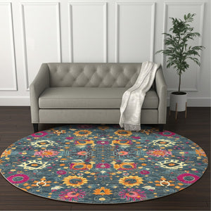 HomeRoots 5' Blue and Orange Floral Distressed Area Rug – Timeless Charm and Durability for Any Space! 8' Round 385183