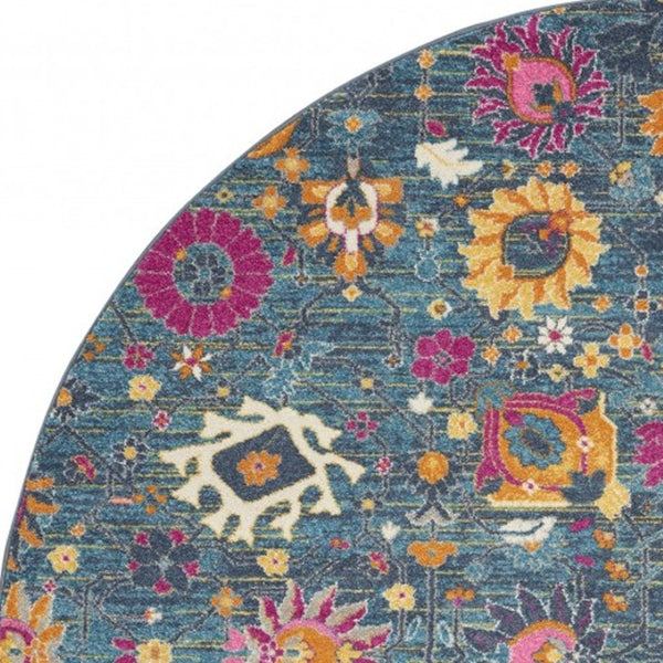 HomeRoots 5' Blue and Orange Floral Distressed Area Rug – Timeless Charm and Durability for Any Space! 8' Round 385183