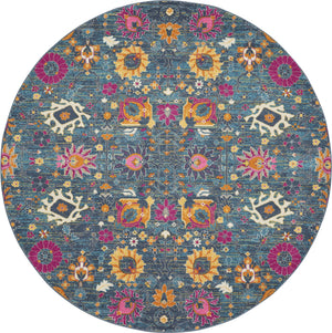 Homeroots 5' Floral Distressed Round Rug In Blue And Orange - Durable, Stylish Accent For Your Home Décor 8' Round Polypropylene 385183