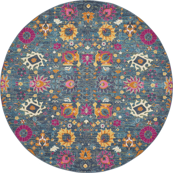 Homeroots 5' Floral Distressed Round Rug In Blue And Orange - Durable, Stylish Accent For Your Home Décor 8' Round Polypropylene 385183