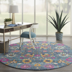 HomeRoots 5' Blue and Orange Floral Distressed Area Rug – Timeless Charm and Durability for Any Space! 8' Round 385183