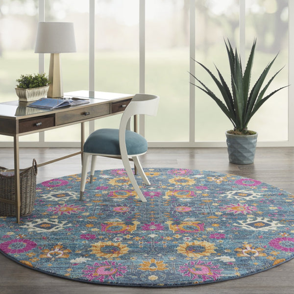 HomeRoots 5' Blue and Orange Floral Distressed Area Rug – Timeless Charm and Durability for Any Space! 8' Round 385183
