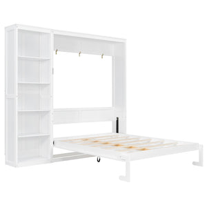 English Elm Queen Murphy Wall Bed with Side Shelving Folds Flush Into Mdf Cabinet for Studio Rooms White LP000697AAK-2