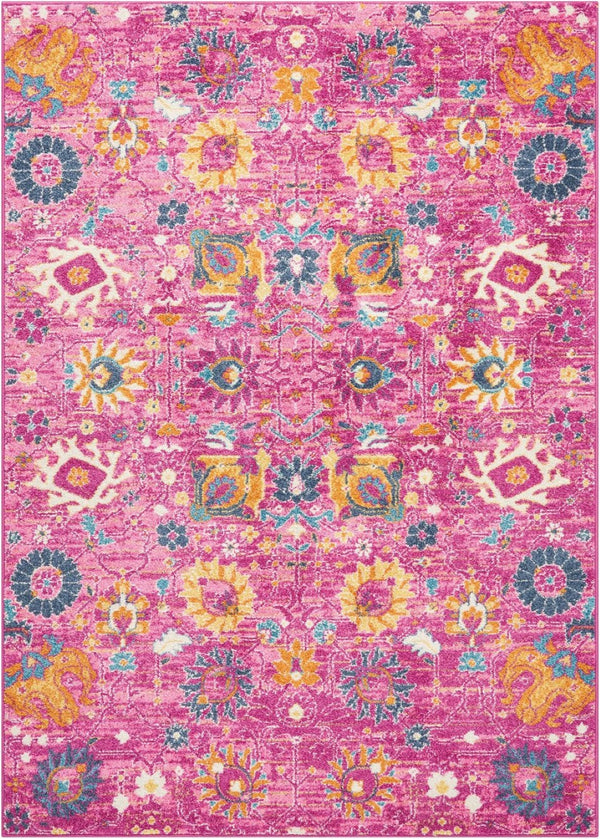 HomeRoots 5' Vibrant Fuchsia and Orange Floral Distressed Area Rug - Chic Design for Modern Home Elegance 5' x 7' 385193