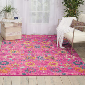 HomeRoots 5' Vibrant Fuchsia and Orange Floral Distressed Area Rug - Chic Design for Modern Home Elegance 5' x 7' 385193