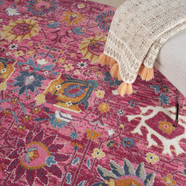 HomeRoots 5' Vibrant Fuchsia and Orange Floral Distressed Area Rug - Chic Design for Modern Home Elegance 5' x 7' 385193
