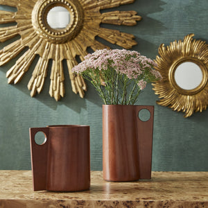 Chelsea House Leather Vase Handcrafted Cognac Leather With Removable Glass Insert, Angular Handle, Modern Classic DéCor 385195