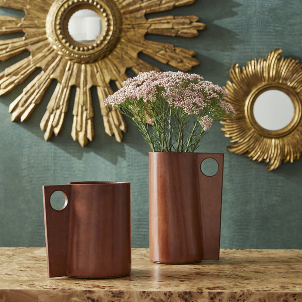 Chelsea House Leather Vase Handcrafted Cognac Leather With Removable Glass Insert, Angular Handle, Modern Classic DéCor 385195