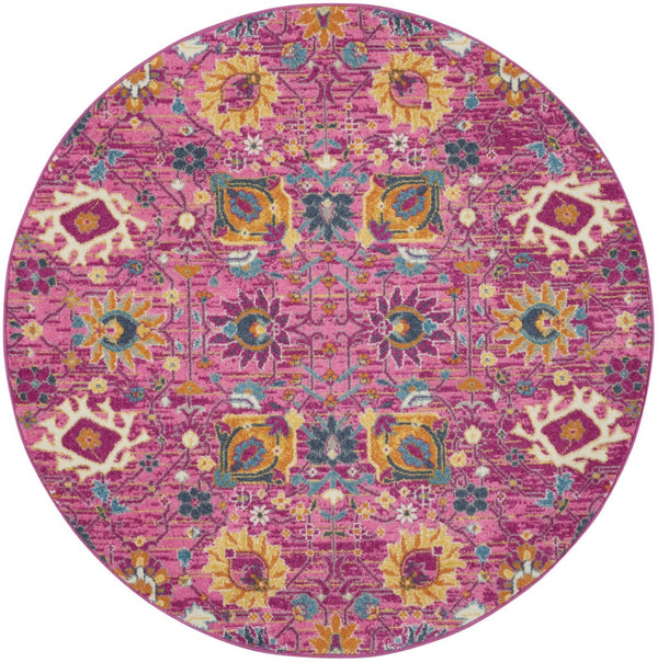 HomeRoots 5' Vibrant Fuchsia and Orange Floral Distressed Area Rug - Chic Design for Modern Home Elegance 5' Round 385195
