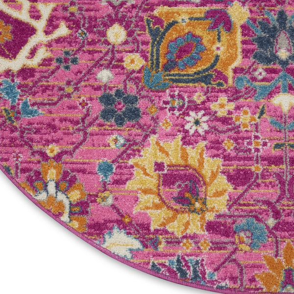 HomeRoots 5' Vibrant Fuchsia and Orange Floral Distressed Area Rug - Chic Design for Modern Home Elegance 5' Round 385195