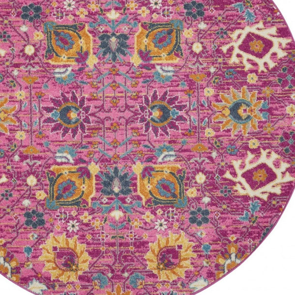 HomeRoots 5' Vibrant Fuchsia and Orange Floral Distressed Area Rug - Chic Design for Modern Home Elegance 5' Round 385195