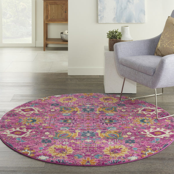 HomeRoots 5' Vibrant Fuchsia and Orange Floral Distressed Area Rug - Chic Design for Modern Home Elegance 5' Round 385195