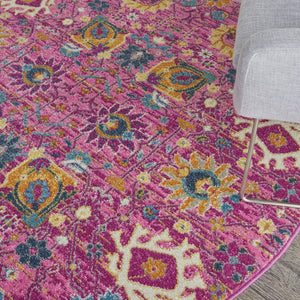 HomeRoots 5' Vibrant Fuchsia and Orange Floral Distressed Area Rug - Chic Design for Modern Home Elegance 5' Round 385195