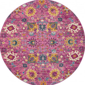 HomeRoots 5' Vibrant Fuchsia and Orange Floral Distressed Area Rug - Chic Design for Modern Home Elegance 5' Round 385195